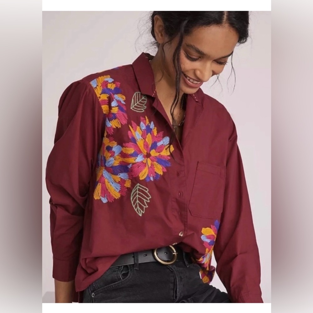 Women's MAEVE Anthropologie Wine Burgundy Floral Embroidered Button Up 00